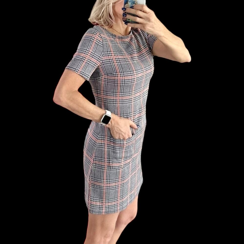 NWOT Modcloth Retro 60’s Orange & Blue Plaid Stretch Knit Short Sleeve Dress Med